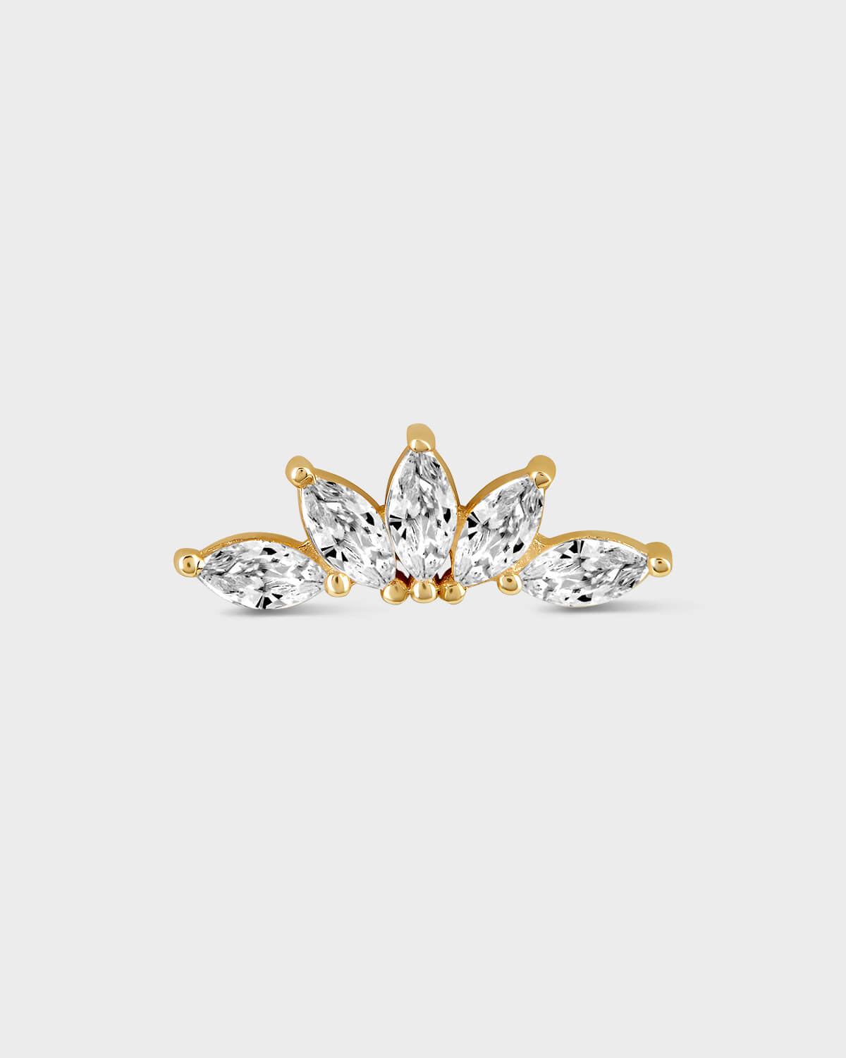 Gold earring with five marquise gems in a fan formation on a light gray background