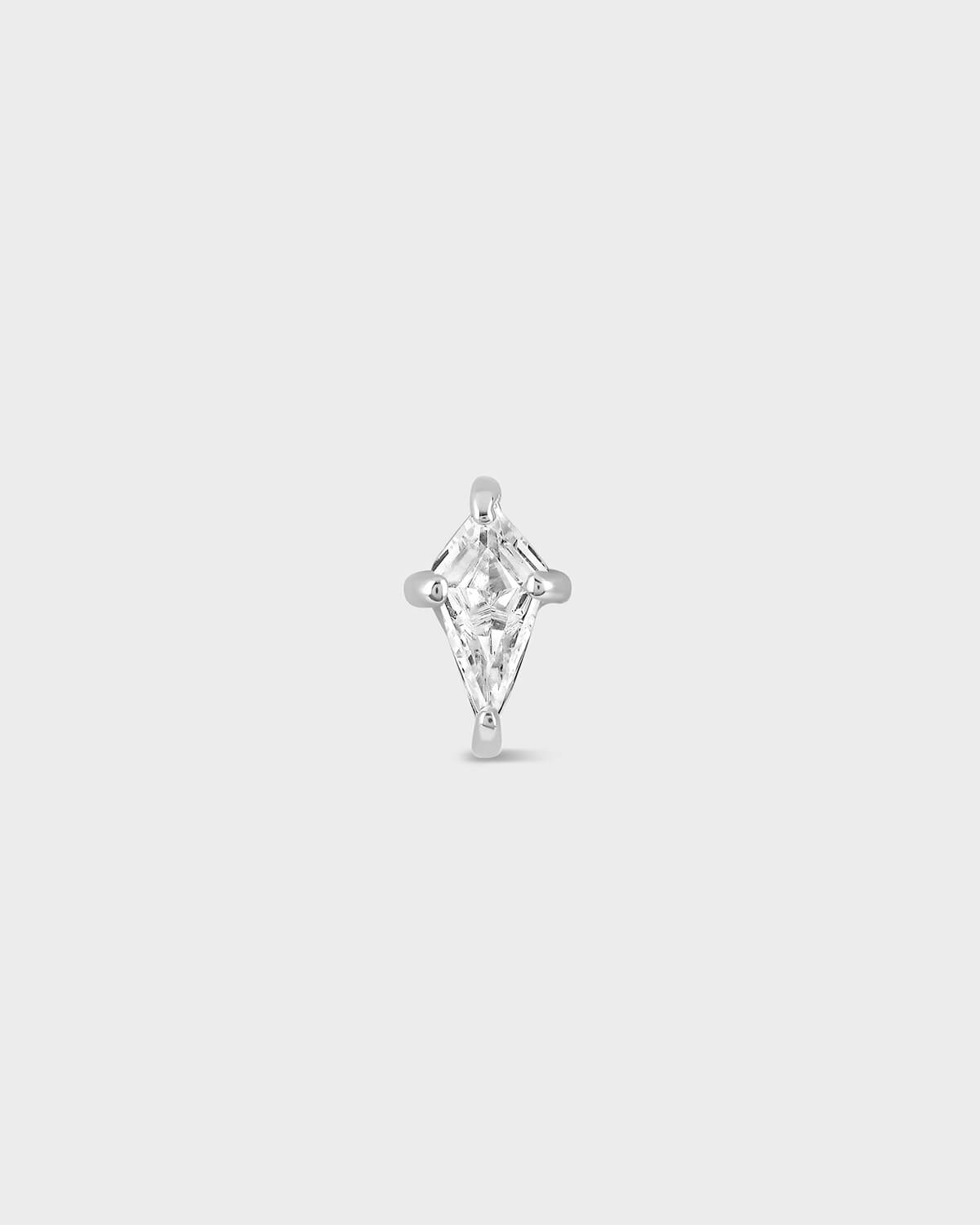 Silver and clear kite shape gemstone earring on a light gray background
