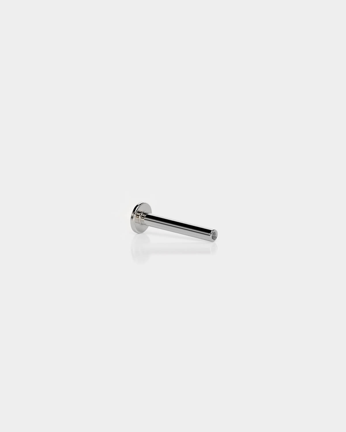 Internally threaded titanium labret back in polished silver with a 3mm base and 16g shaft on a light gray background