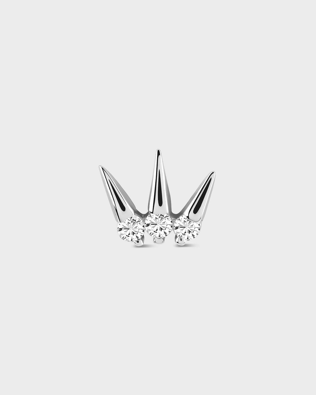 Silver crown-shaped earrings with clear gemstones on a light gray background