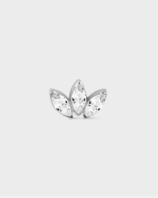 White gold butterfly-shaped earring with clear gemstones on a light gray background
