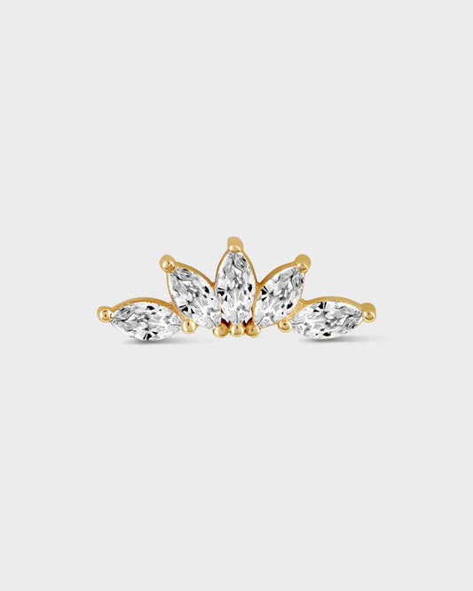 Gold earring with five marquise gems in a fan formation on a light gray background