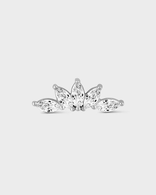 Silver earring with five marquise gems in a fan formation on a light gray background