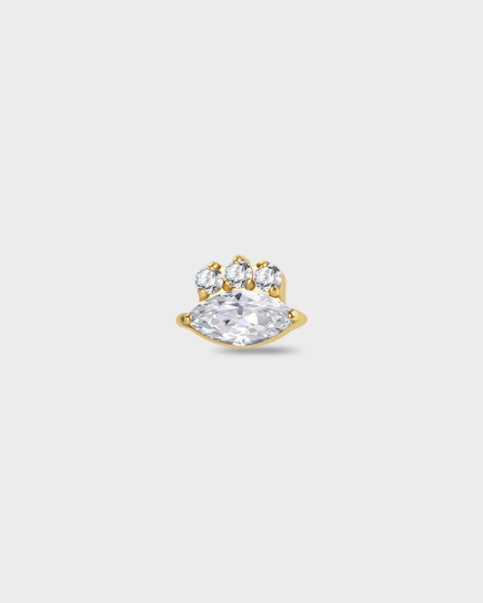Polished silver titanium earring with a marquise-cut clear stone set below three round-cut clear stones on a light gray background.