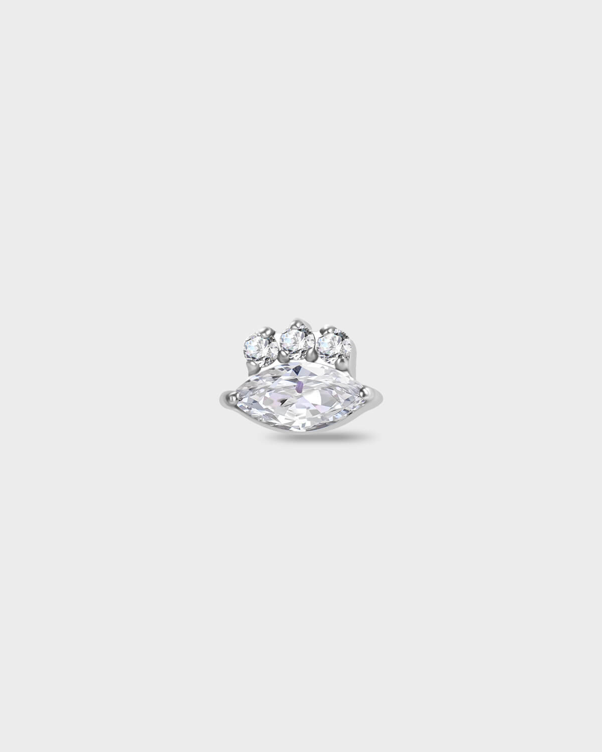 Polished silver titanium earring with a marquise-cut clear stone set below three round-cut clear stones on a light gray background.