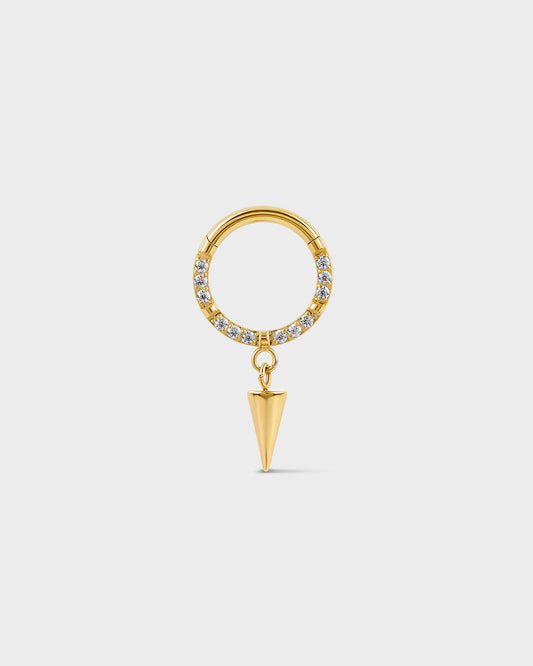 Semi pave gold titanium daith septum ring with dangle cone charm on a ligh gray background