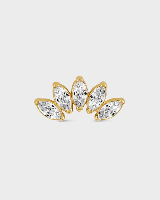 Gold earring with five marquise gems on a light gray background