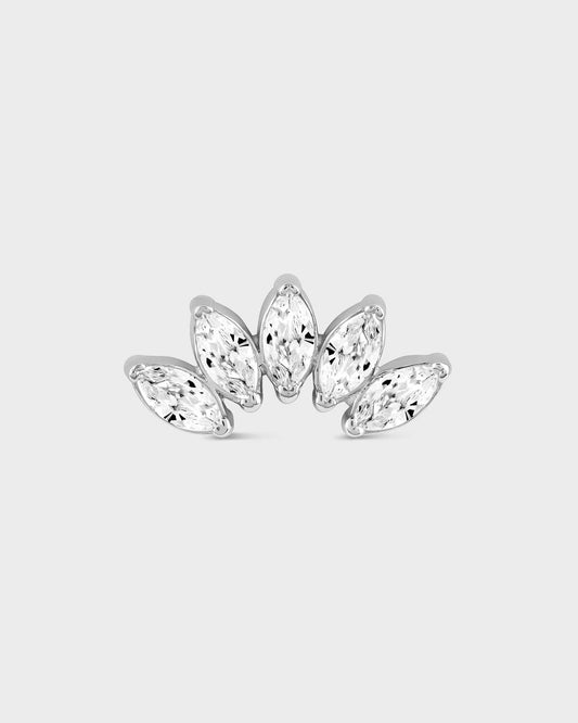 White gold earring with five marquise gems on a light gray background