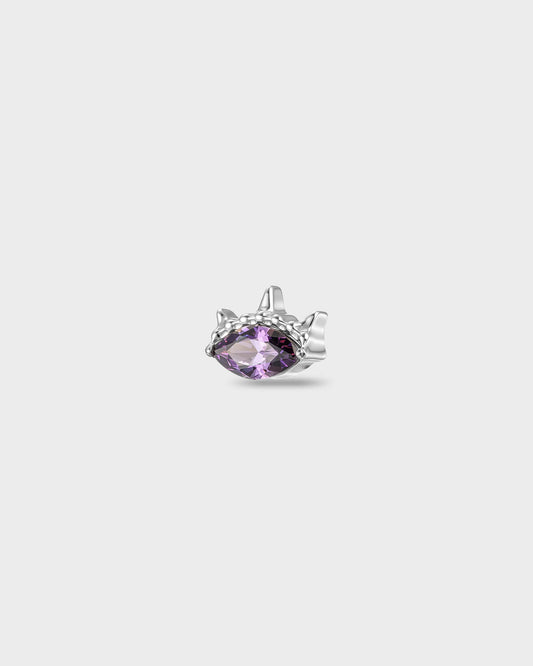 Polished titanium earring with an oval-cut amethyst purple stone set into a sculpted, recessed frame, on a light gray background.