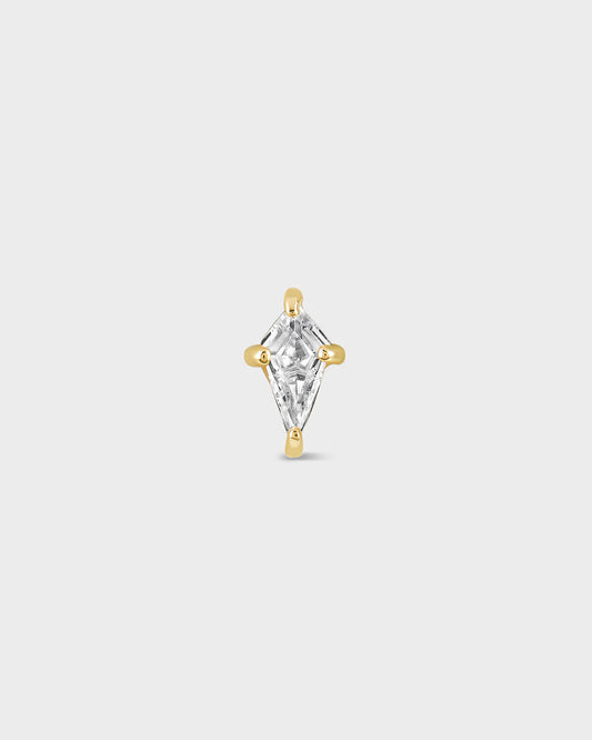 Gold and clear kite shape gemstone earring on a light gray background
