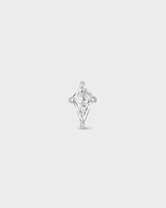Silver and clear kite shape gemstone earring on a light gray background