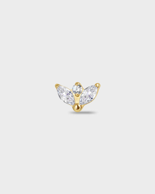 Gold itanium earring with two marquise-cut clear stones set below a single round-cut clear stone on a light gray background.