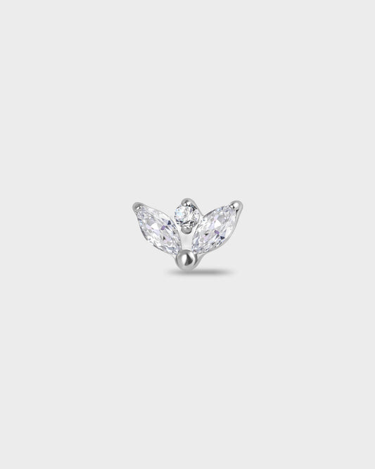 Polished silver Titanium earring with two marquise-cut clear stones set below a single round-cut clear stone on a light gray background.