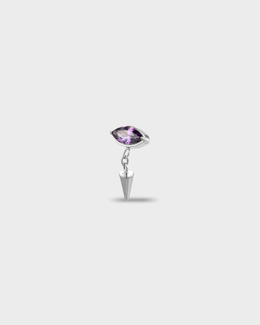 Polished titaniumearring with a marquise-cut purple stone and a short chain dangle finished with a polished spike, on a light gray background.