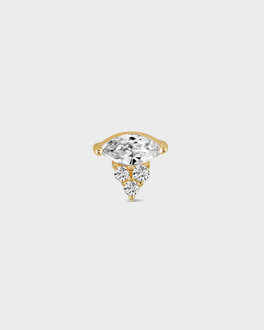 Gold and earring with a central diamond and smaller stones on a light gray background