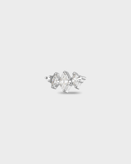 Polished titanium earring with three marquise-cut clear stones set in a stepped horizontal arrangement, on a light gray background.