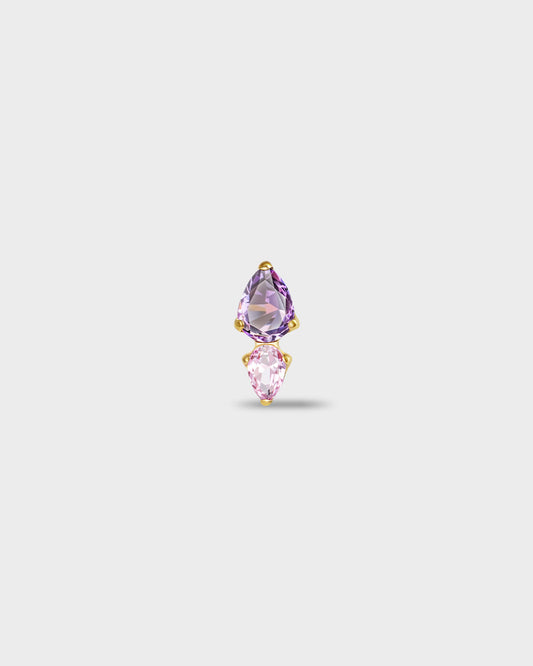Gold titanium earring with a pear-cut purple stone set above a smaller pear-cut pale pink stone on a light gray background.